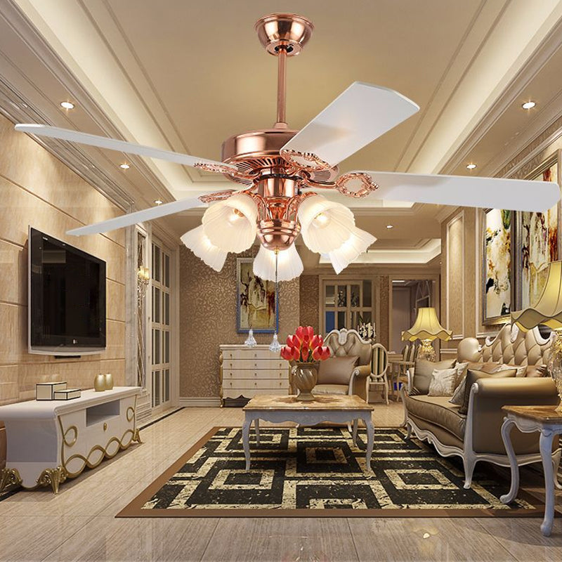 52" Wide Gold 5 Lights Hanging Fan Light Countryside Frosted Glass Bell Shade Semi-Flush Mount, 5 Blades Clearhalo 'Ceiling Fans with Lights' 'Ceiling Fans' Lighting' 1985705