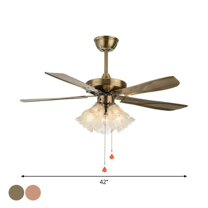 5-Light Pendant Fan Light Classic Living Room 5-Blade Semi Flush Mount Lighting with Floral Frosted Glass Shade, 42