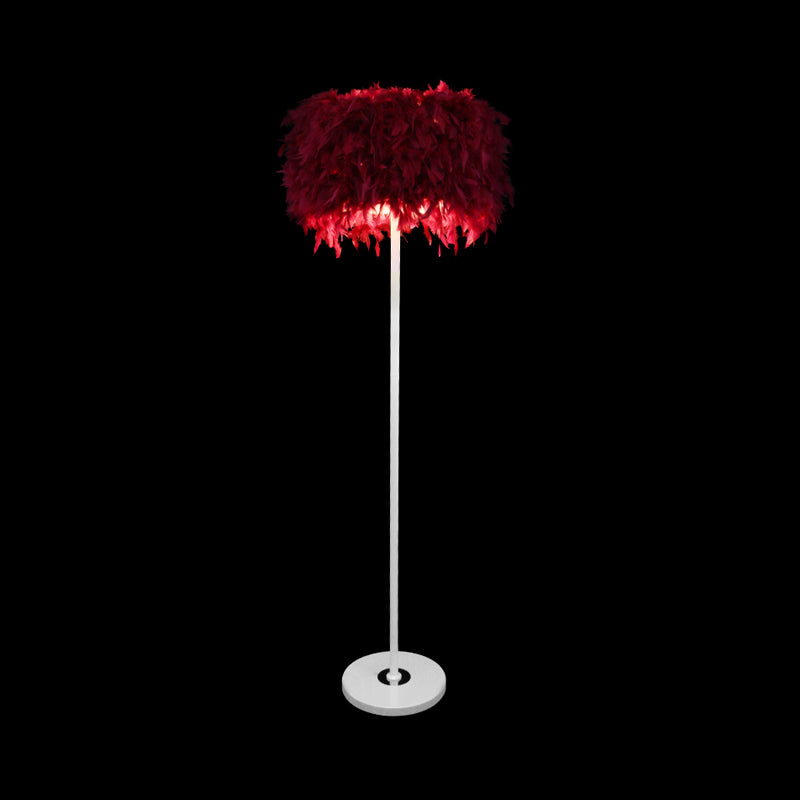Burgundy/Purple/Pink Drum Floor Light Minimalistic 1-Bulb Feather Standing Floor Lamp for Living Room Clearhalo 'Floor Lamps' 'Lamps' Lighting' 1986094