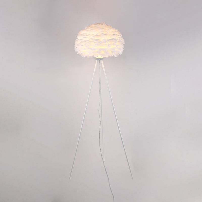 Dome Feather Floor Lamp Minimalist Single Grey/White/Pink Floor Light with Black/White/Gold Tripod for Bedroom Clearhalo 'Floor Lamps' 'Lamps' Lighting' 1986117