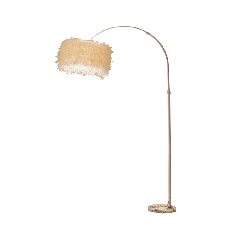 Black/White Drum Floor Lamp Minimalist 1 Head Feather Standing Light with Curved/Straight Lamp Pole Clearhalo 'Floor Lamps' 'Lamps' Lighting' 1986151