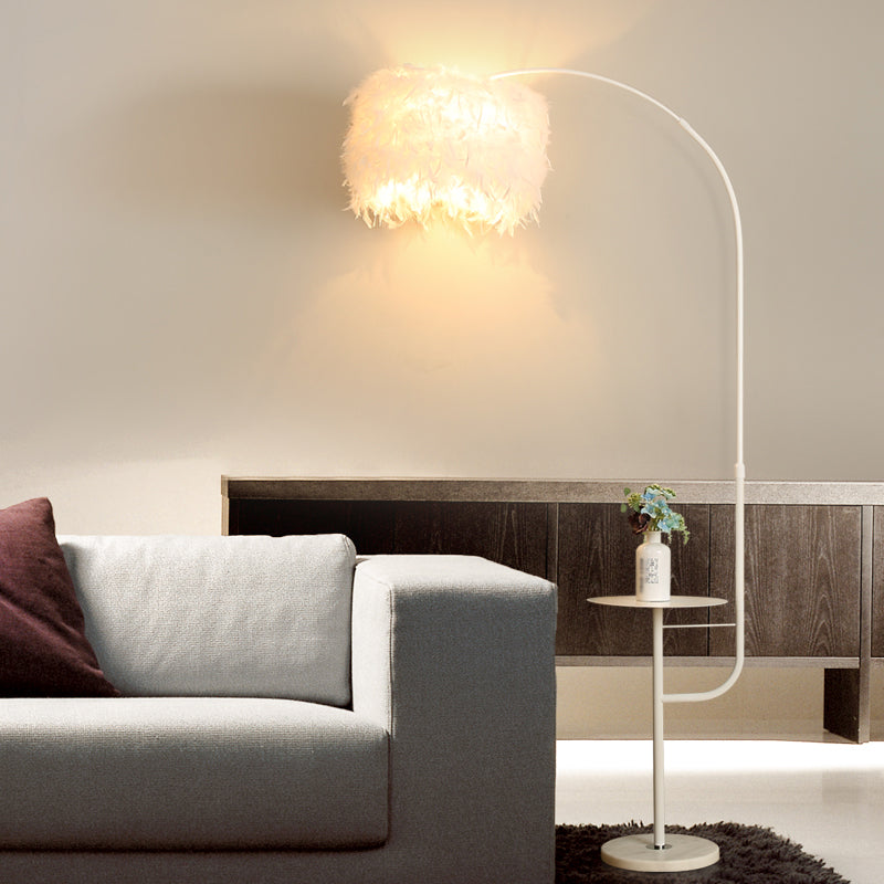 Drum Shaped Feather Standing Lamp Nordic 1-Bulb Black/White Gooseneck Floor Light with/without Tray Clearhalo 'Floor Lamps' 'Lamps' Lighting' 1986159