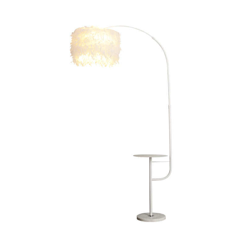 Drum Shaped Feather Standing Lamp Nordic 1-Bulb Black/White Gooseneck Floor Light with/without Tray Clearhalo 'Floor Lamps' 'Lamps' Lighting' 1986160