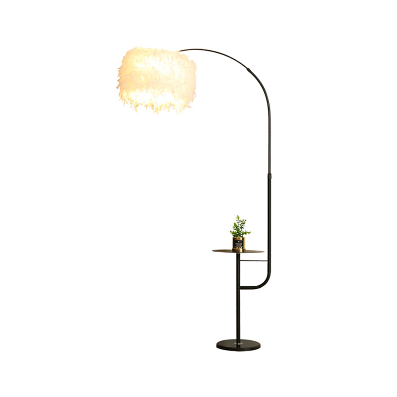 Drum Shaped Feather Standing Lamp Nordic 1-Bulb Black/White Gooseneck Floor Light with/without Tray Clearhalo 'Floor Lamps' 'Lamps' Lighting' 1986164