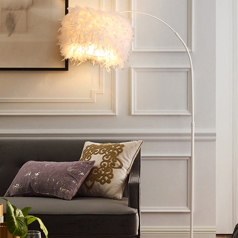 Drum Shaped Feather Standing Lamp Nordic 1-Bulb Black/White Gooseneck Floor Light with/without Tray Clearhalo 'Floor Lamps' 'Lamps' Lighting' 1986166