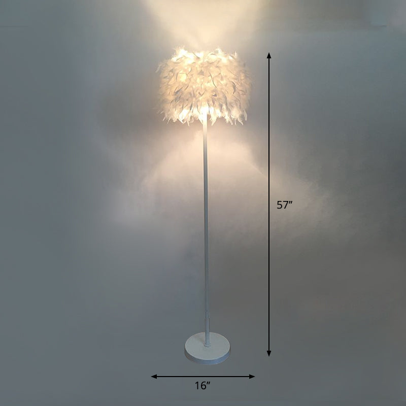 Feather Drum Standing Floor Light Modern 16"/18" W 1 Head White Floor Lamp with/without Draping Crystal Clearhalo 'Floor Lamps' 'Lamps' Lighting' 1986188