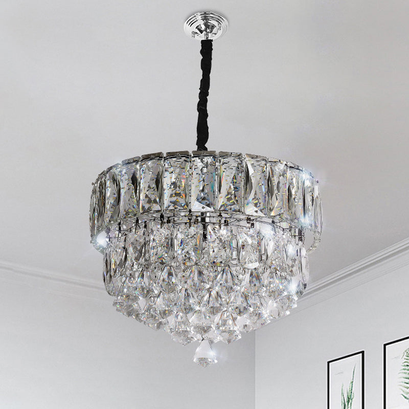 Stainless Steel Round/Square Tiers Pendant Modern Beveled Cut Crystal LED Hanging Light Fixture Stainless-Steel Round Clearhalo 'Ceiling Lights' 'Modern Pendants' 'Modern' 'Pendant Lights' 'Pendants' Lighting' 1986365