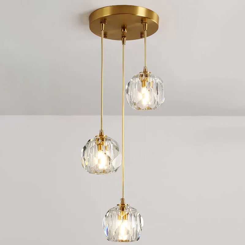 Faceted K9 Crystal Cluster Ball Pendant Stylish Modern 3/6/10-Bulb Brass Ceiling Hang Light for Living Room 3 Brass Clearhalo 'Ceiling Lights' 'Modern Pendants' 'Modern' 'Pendant Lights' 'Pendants' Lighting' 1986396