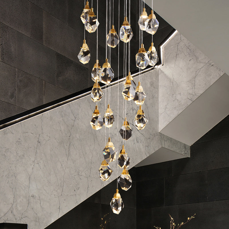 Raindrop Multiple Hanging Lamp Modern Crystal 3/5/24-Light Dining Room Pendant Light in Brass 24 Brass Clearhalo 'Ceiling Lights' 'Modern Pendants' 'Modern' 'Pendant Lights' 'Pendants' Lighting' 1986399