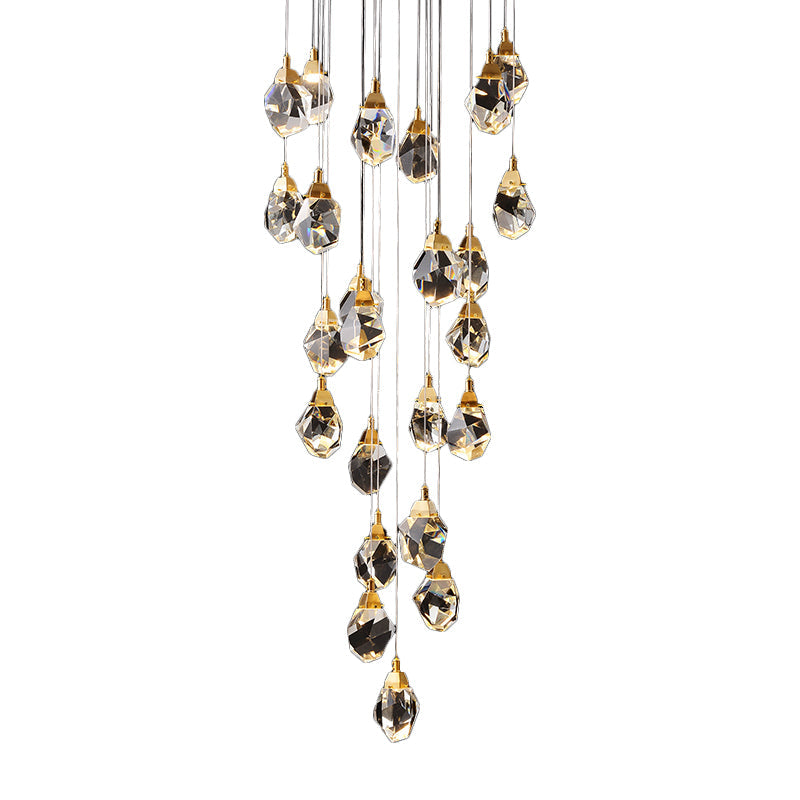 Raindrop Multiple Hanging Lamp Modern Crystal 3/5/24-Light Dining Room Pendant Light in Brass Clearhalo 'Ceiling Lights' 'Modern Pendants' 'Modern' 'Pendant Lights' 'Pendants' Lighting' 1986402