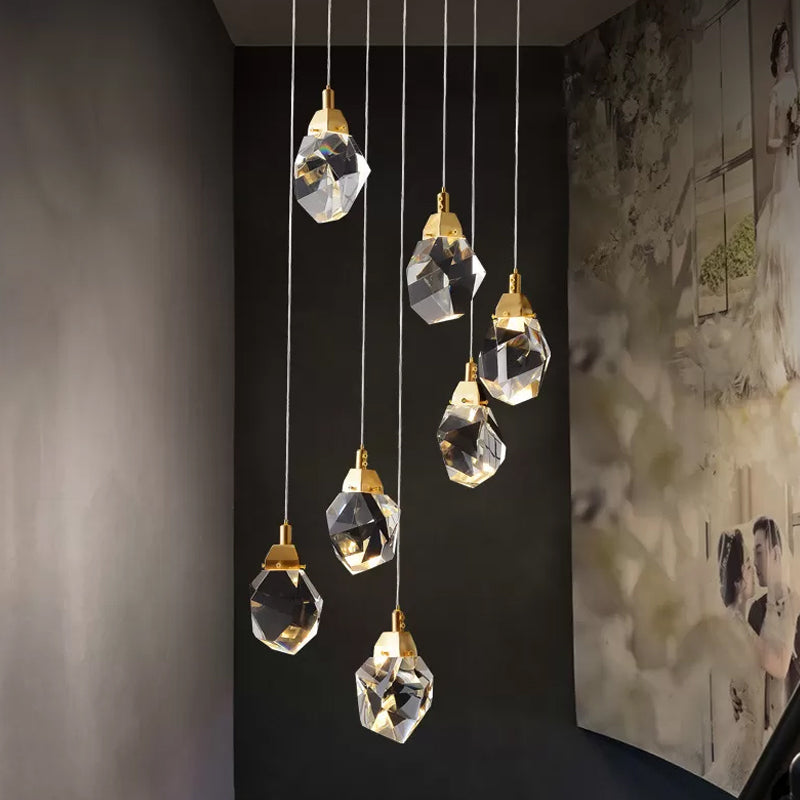 Raindrop Multiple Hanging Lamp Modern Crystal 3/5/24-Light Dining Room Pendant Light in Brass 7 Brass Clearhalo 'Ceiling Lights' 'Modern Pendants' 'Modern' 'Pendant Lights' 'Pendants' Lighting' 1986410