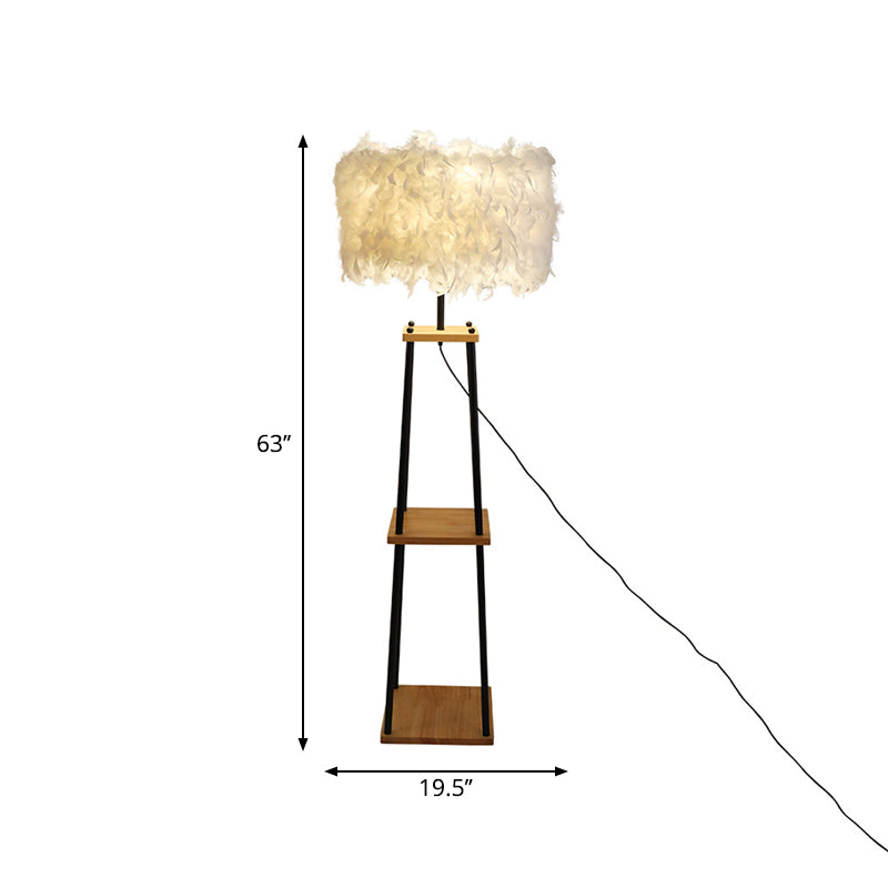Nordic 2-Tier Shelf Floor Light Wooden Single Living Room Floor Standing Lamp with Dome/Drum Feather Shade in Grey/White Clearhalo 'Floor Lamps' 'Lamps' Lighting' 1986630