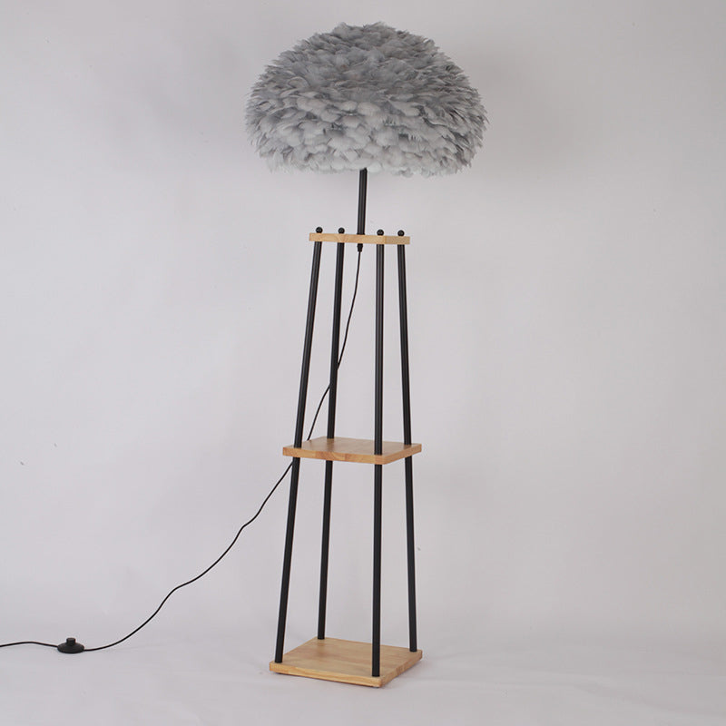 Nordic 2-Tier Shelf Floor Light Wooden Single Living Room Floor Standing Lamp with Dome/Drum Feather Shade in Grey/White Clearhalo 'Floor Lamps' 'Lamps' Lighting' 1986633