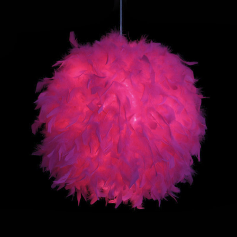 12"/14"/16" Wide Sphere Drop Pendant Modern Feather 1 Head Bedroom Hanging Ceiling Light in White/Pink/Rose Red Rose Red Clearhalo 'Ceiling Lights' 'Modern Pendants' 'Modern' 'Pendant Lights' 'Pendants' Lighting' 1986651
