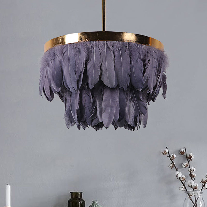 16"/19.5" W Tiered Tapered Chandelier Nordic Feather 3 Bulbs Grey/White/Red Ceiling Pendant Light for Bedroom Clearhalo 'Ceiling Lights' 'Chandeliers' 'Modern Chandeliers' 'Modern' Lighting' 1986701