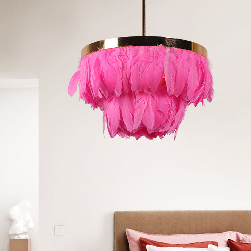 16"/19.5" W Tiered Tapered Chandelier Nordic Feather 3 Bulbs Grey/White/Red Ceiling Pendant Light for Bedroom Clearhalo 'Ceiling Lights' 'Chandeliers' 'Modern Chandeliers' 'Modern' Lighting' 1986706