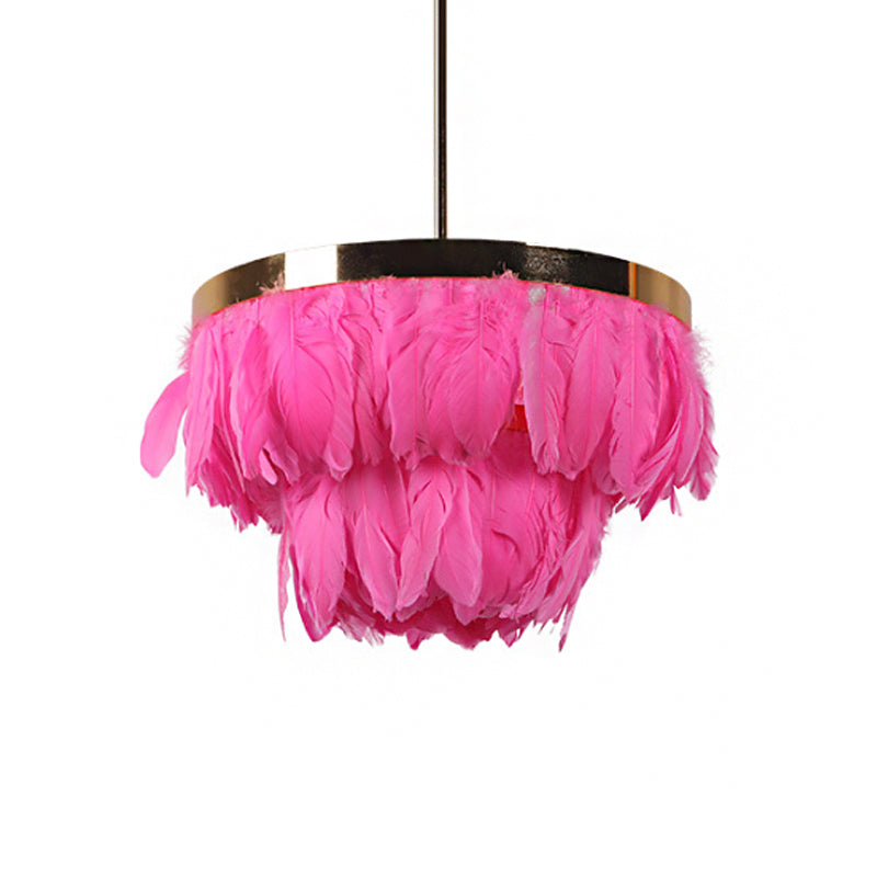 16"/19.5" W Tiered Tapered Chandelier Nordic Feather 3 Bulbs Grey/White/Red Ceiling Pendant Light for Bedroom Clearhalo 'Ceiling Lights' 'Chandeliers' 'Modern Chandeliers' 'Modern' Lighting' 1986707