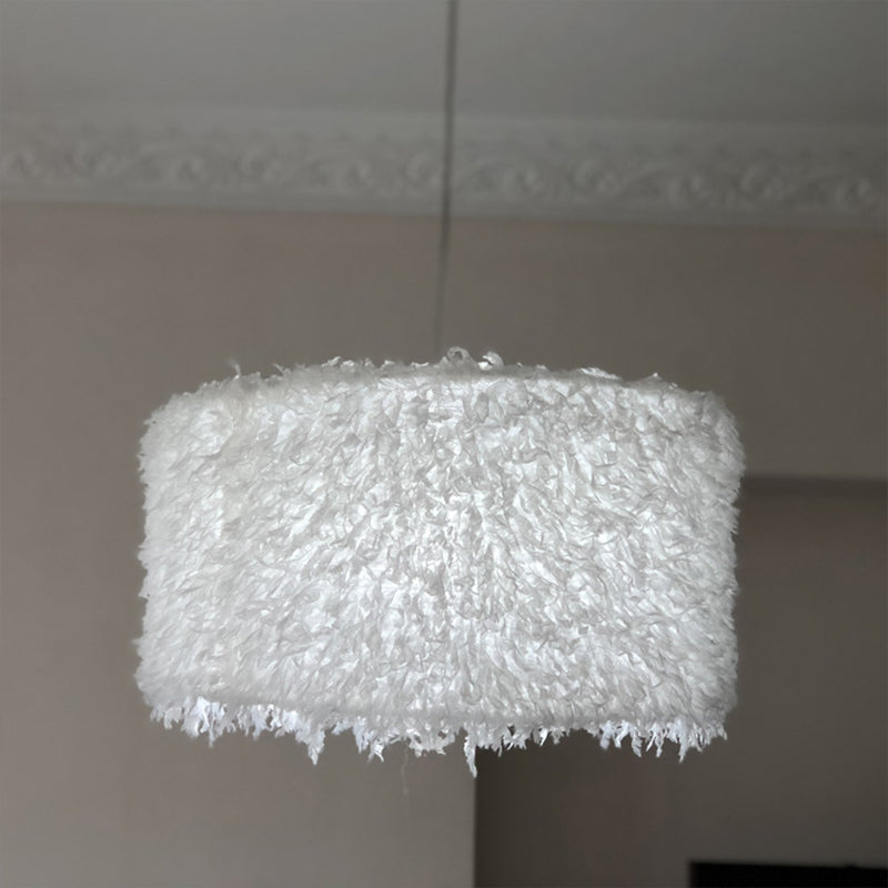 Nordic 1 Bulb Ceiling Suspension Lamp Pink/White Cylindrical/Drum Drop Pendant with Feather Shade, 5.5"/8"/14" W White Clearhalo 'Ceiling Lights' 'Modern Pendants' 'Modern' 'Pendant Lights' 'Pendants' Lighting' 1986740