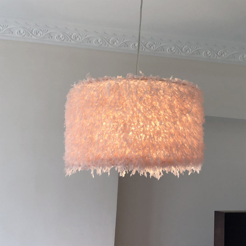Nordic 1 Bulb Ceiling Suspension Lamp Pink/White Cylindrical/Drum Drop Pendant with Feather Shade, 5.5"/8"/14" W Pink Clearhalo 'Ceiling Lights' 'Modern Pendants' 'Modern' 'Pendant Lights' 'Pendants' Lighting' 1986746