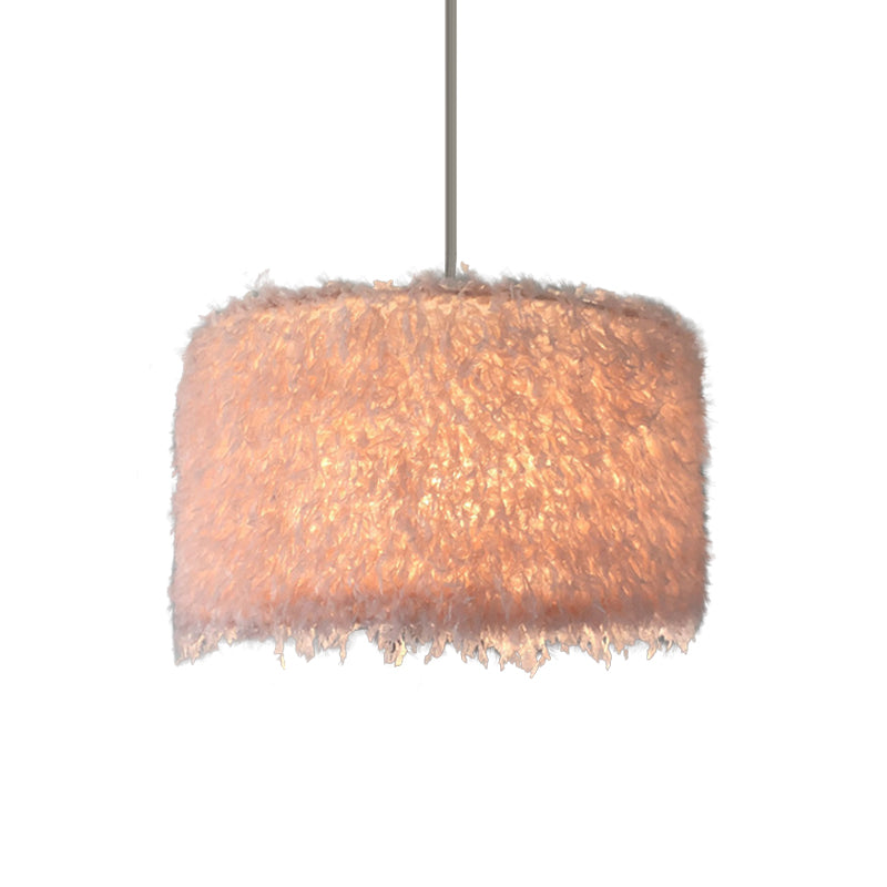 Nordic 1 Bulb Ceiling Suspension Lamp Pink/White Cylindrical/Drum Drop Pendant with Feather Shade, 5.5"/8"/14" W Clearhalo 'Ceiling Lights' 'Modern Pendants' 'Modern' 'Pendant Lights' 'Pendants' Lighting' 1986749