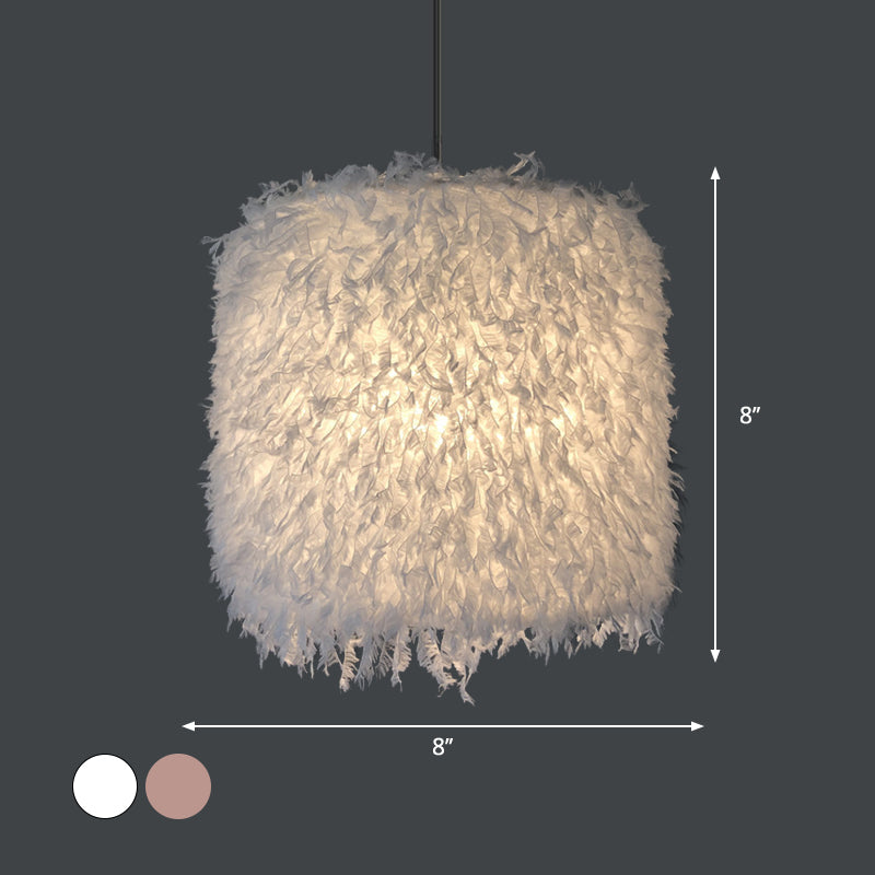 Nordic 1 Bulb Ceiling Suspension Lamp Pink/White Cylindrical/Drum Drop Pendant with Feather Shade, 5.5"/8"/14" W Clearhalo 'Ceiling Lights' 'Modern Pendants' 'Modern' 'Pendant Lights' 'Pendants' Lighting' 1986755
