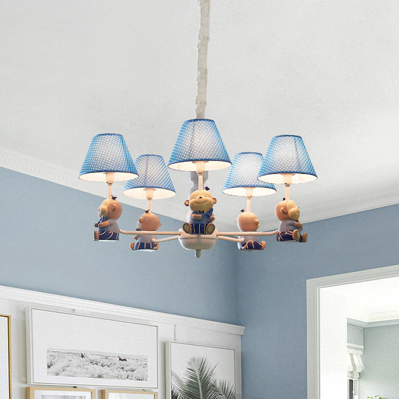 Lovely Monkey Chandelier Fabric and Metal 5 Lights Blue Pendant Lighting for Kid Bedroom Clearhalo 'Ceiling Lights' 'Chandeliers' Lighting' options 198720