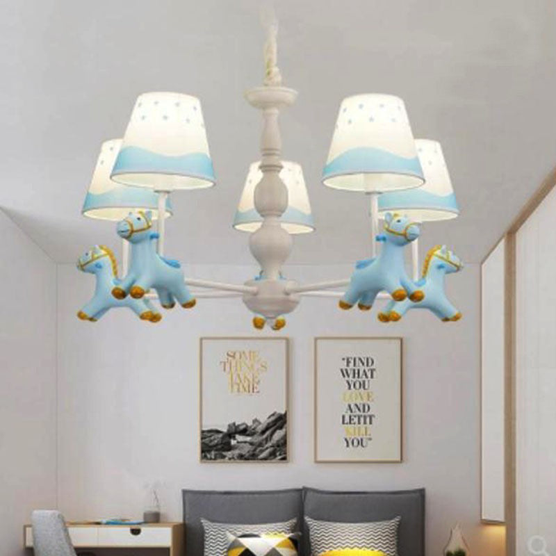Living Room Tapered Shade Hanging Lamp with Horse Fixture Fabric Art Deco Chandelier Clearhalo 'Ceiling Lights' 'Chandeliers' Lighting' options 198935