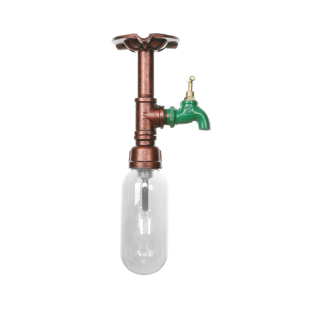 Weathered Copper Single Light Ceiling Lighting Industrial Clear Glass Capsule Shade Semi Flush Light with Pipe Design Clearhalo 'Ceiling Lights' 'Close To Ceiling Lights' 'Close to ceiling' 'Semi-flushmount' Lighting' 199350