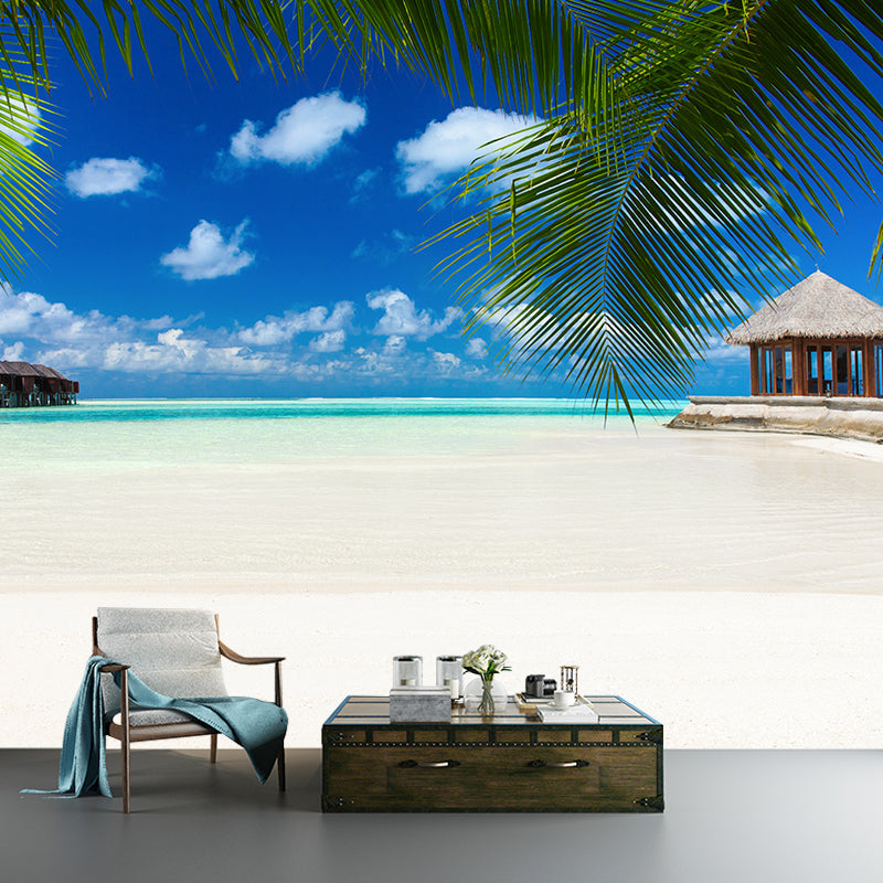 Beach with Palm Tree Mural Bright Tropical Wall Covering for Accent Wall, Custom Size Clearhalo 'Wall Decor' 'Wall Mural' 2009319