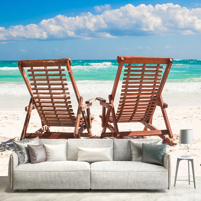 Large Beach Bench Wallpaper Mural Tropix Beautiful Seascape Wall Decor in Natural Color Sky Blue Clearhalo 'Wall Decor' 'Wall Mural' 2009363