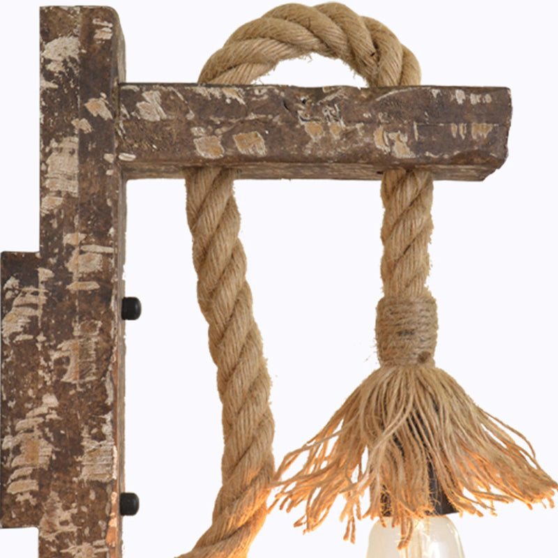 1 Light Bare Bulb Wall Light Fixture Warehouse Beige Jute Rope Wall Mounted Lamp with Wood Backplate Clearhalo 'Industrial wall lights' 'Industrial' 'Middle century wall lights' 'Rustic wall lights' 'Tiffany' 'Wall Lamps & Sconces' 'Wall Lights' Lighting' 2010448