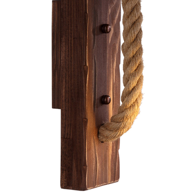 Brown L-Shaped Arm Wall Mount Lighting Rustic Wood 1 Light Dining Room Wall Light Fixture with Hemp Rope Cord Clearhalo 'Industrial wall lights' 'Industrial' 'Middle century wall lights' 'Rustic wall lights' 'Tiffany' 'Wall Lamps & Sconces' 'Wall Lights' Lighting' 2010464
