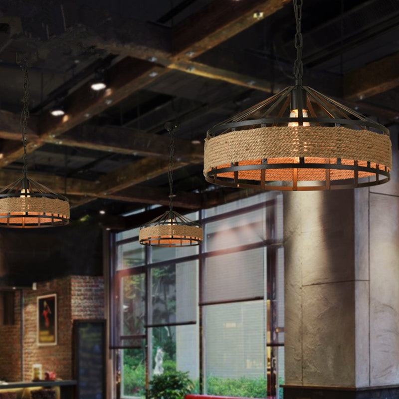 Barn Metal Hanging Ceiling Light Antiqued 1 Bulb Restaurant Jute Rope Drop Pendant in Black Clearhalo 'Art Deco Pendants' 'Black' 'Cast Iron' 'Ceiling Lights' 'Ceramic' 'Crystal' 'Industrial Pendants' 'Industrial' 'Metal' 'Middle Century Pendants' 'Pendant Lights' 'Pendants' 'Rustic Pendants' 'Tiffany' Lighting' 2010491