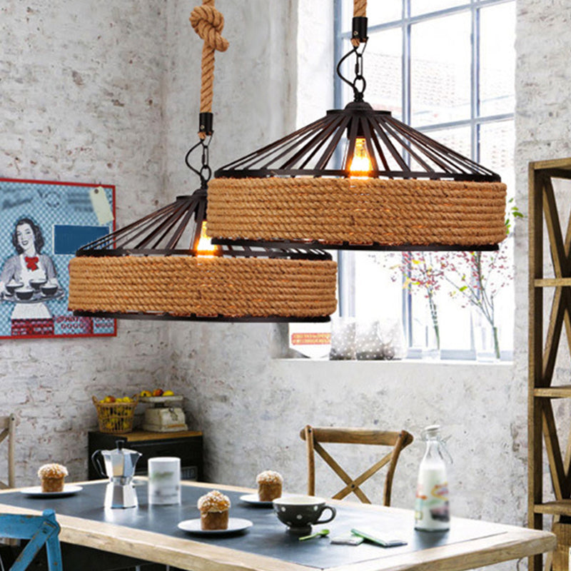 1 Head Suspension Lighting Farmhouse Rope Barn Shade Metal Drop Lamp in Black for Dining Room Black Clearhalo 'Art Deco Pendants' 'Black' 'Cast Iron' 'Ceiling Lights' 'Ceramic' 'Crystal' 'Industrial Pendants' 'Industrial' 'Metal' 'Middle Century Pendants' 'Pendant Lights' 'Pendants' 'Rustic Pendants' 'Tiffany' Lighting' 2010504