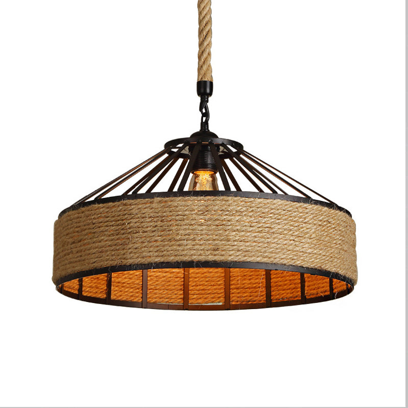 1 Head Suspension Lighting Farmhouse Rope Barn Shade Metal Drop Lamp in Black for Dining Room Clearhalo 'Art Deco Pendants' 'Black' 'Cast Iron' 'Ceiling Lights' 'Ceramic' 'Crystal' 'Industrial Pendants' 'Industrial' 'Metal' 'Middle Century Pendants' 'Pendant Lights' 'Pendants' 'Rustic Pendants' 'Tiffany' Lighting' 2010507
