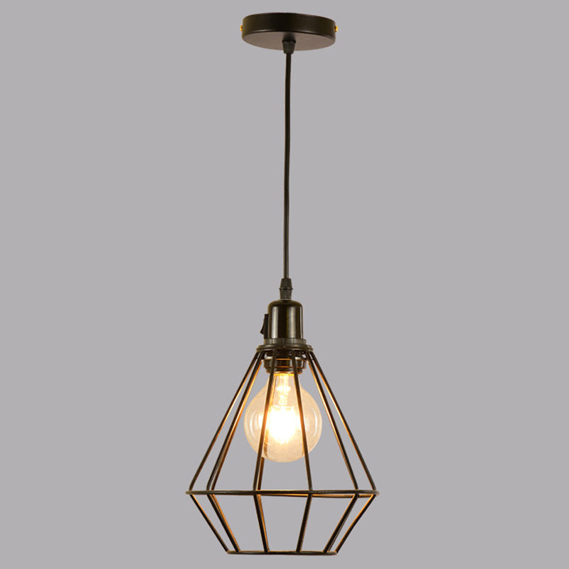 Diamond Cage Dining Room Pendant Lighting Warehouse Metal 1 Light Black Pendulum Light Black Downrods Clearhalo 'Art Deco Pendants' 'Black' 'Cast Iron' 'Ceiling Lights' 'Ceramic' 'Crystal' 'Industrial Pendants' 'Industrial' 'Metal' 'Middle Century Pendants' 'Pendant Lights' 'Pendants' 'Rustic Pendants' 'Tiffany' Lighting' 2010509