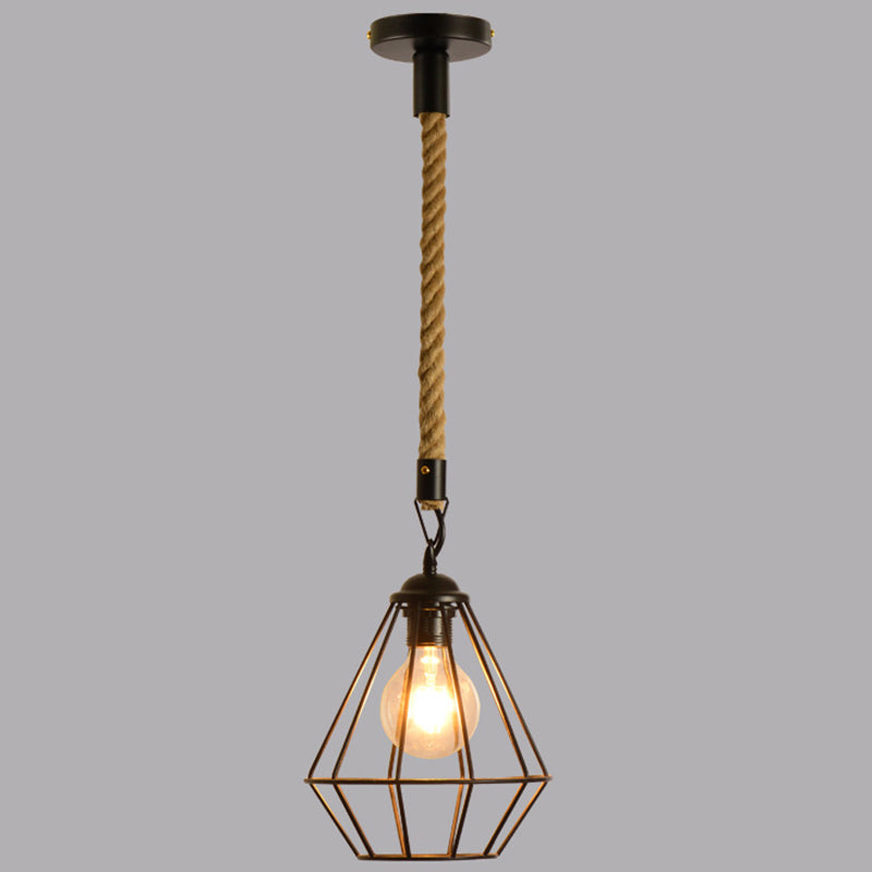 Diamond Cage Dining Room Pendant Lighting Warehouse Metal 1 Light Black Pendulum Light Black Cord Clearhalo 'Art Deco Pendants' 'Black' 'Cast Iron' 'Ceiling Lights' 'Ceramic' 'Crystal' 'Industrial Pendants' 'Industrial' 'Metal' 'Middle Century Pendants' 'Pendant Lights' 'Pendants' 'Rustic Pendants' 'Tiffany' Lighting' 2010512