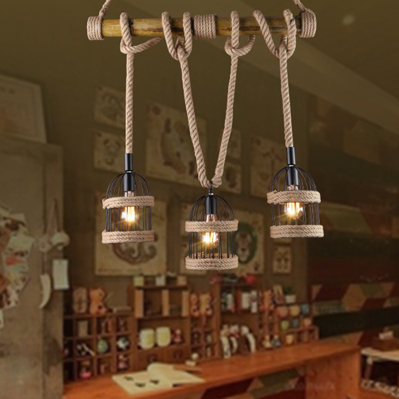 3-Light Island Lamp Farm Birdcage Metallic Hanging Ceiling Light with Jute Rope Cord Black Clearhalo 'Ceiling Lights' 'Island Lights' Lighting' 2010548