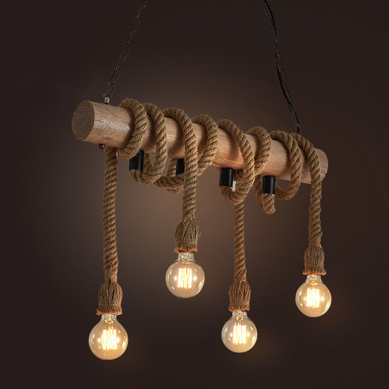 Linear Restaurant Island Pendant Light Warehouse Rope 4 Lights Brown Hanging Lamp Kit Clearhalo 'Ceiling Lights' 'Island Lights' Lighting' 2010553