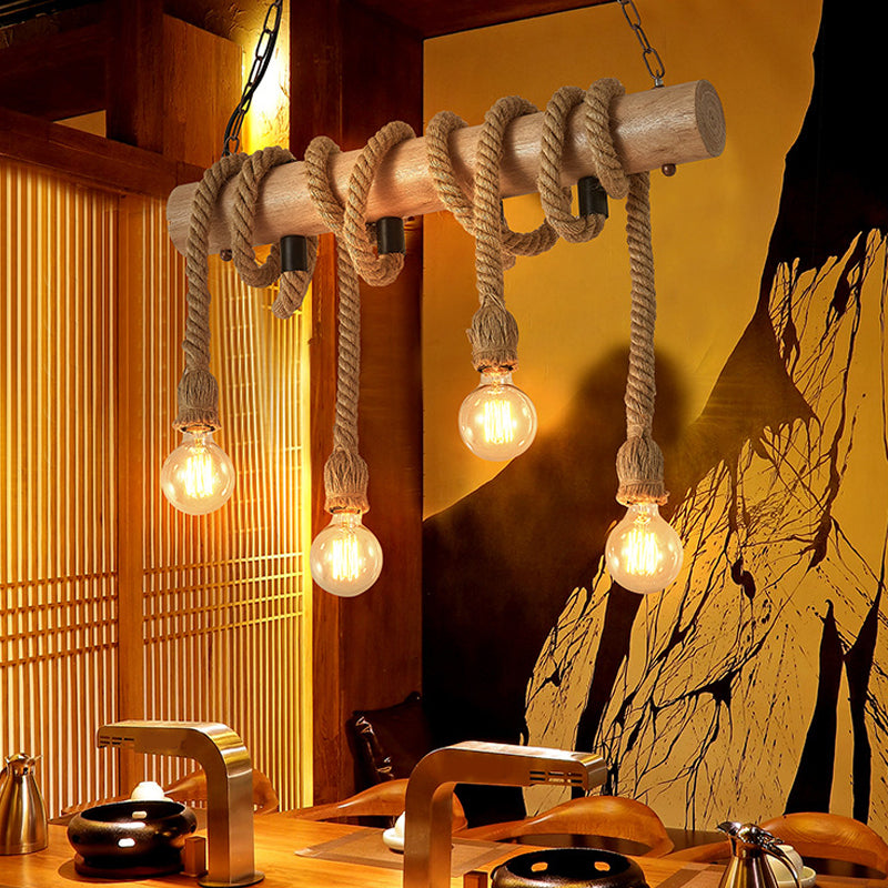 Linear Restaurant Island Pendant Light Warehouse Rope 4 Lights Brown Hanging Lamp Kit Clearhalo 'Ceiling Lights' 'Island Lights' Lighting' 2010554