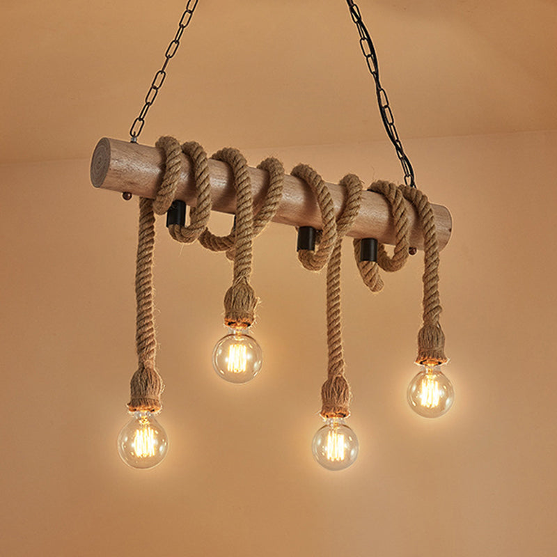 Linear Restaurant Island Pendant Light Warehouse Rope 4 Lights Brown Hanging Lamp Kit Clearhalo 'Ceiling Lights' 'Island Lights' Lighting' 2010558
