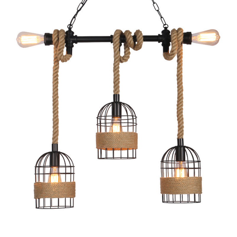 Black 5 Bulbs Island Lighting Factory Metal Birdcage Hanging Pendant Light with Jute Rope Cord Clearhalo 'Ceiling Lights' 'Island Lights' Lighting' 2010563