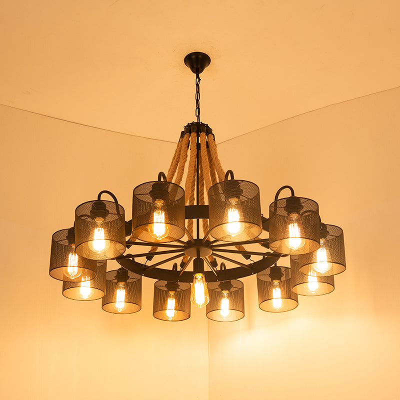 Wagon Wheel Metal Chandelier Factory Dining Room Jute Rope Pendant Light Kit in Black Black E Clearhalo 'Cast Iron' 'Ceiling Lights' 'Chandeliers' 'Industrial Chandeliers' 'Industrial' 'Metal' 'Middle Century Chandeliers' 'Rustic Chandeliers' 'Tiffany' Lighting' 2010637