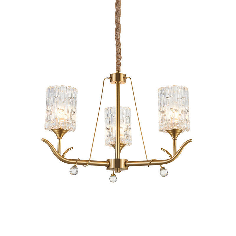 3/6/8-Light Hand-Blown Textured Glass Chandelier Postmodern Brass Cylinder Dining Room Hanging Ceiling Light Clearhalo 'Ceiling Lights' 'Chandeliers' 'Modern Chandeliers' 'Modern' Lighting' 2010681