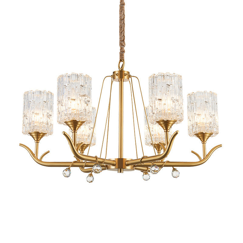 3/6/8-Light Hand-Blown Textured Glass Chandelier Postmodern Brass Cylinder Dining Room Hanging Ceiling Light Clearhalo 'Ceiling Lights' 'Chandeliers' 'Modern Chandeliers' 'Modern' Lighting' 2010683