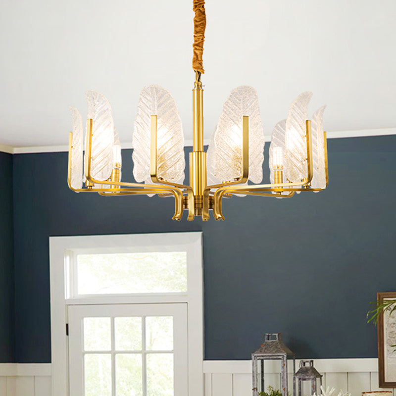 6/8/10-Head Leaf Chandelier Lamp Postmodern Brass Textured Glass Pendant Light Fixture 10 Brass Clearhalo 'Ceiling Lights' 'Chandeliers' 'Modern Chandeliers' 'Modern' Lighting' 2010721