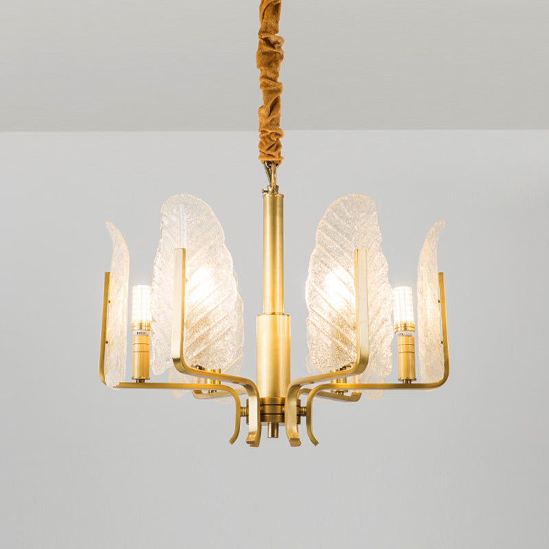 6/8/10-Head Leaf Chandelier Lamp Postmodern Brass Textured Glass Pendant Light Fixture 6 Brass Clearhalo 'Ceiling Lights' 'Chandeliers' 'Modern Chandeliers' 'Modern' Lighting' 2010727