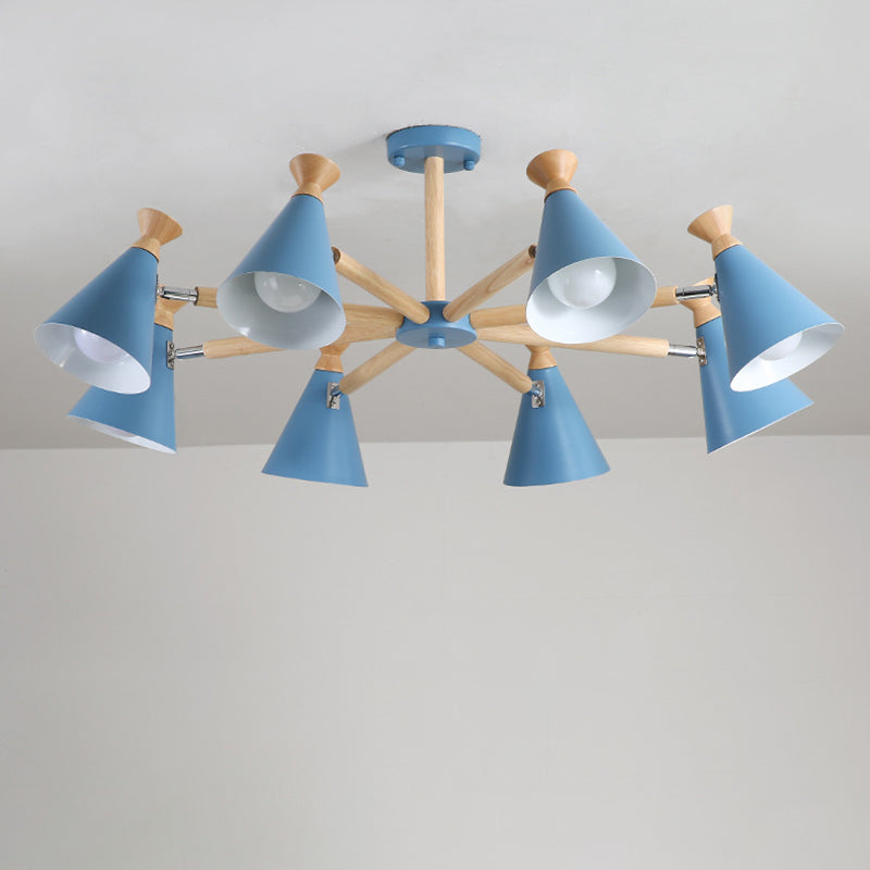 Cone Living Room Chandelier Metal 8 Bulbs Modern Pendant Light Fixture with Wood Cork 8 Blue Clearhalo 'Carpenter Chandeliers' 'Ceiling Lights' 'Chandeliers' 'Industrial' 'Modern Chandeliers' 'Modern' Lighting' 2011023