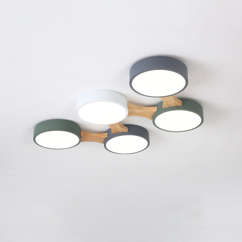 Drum Flush Ceiling Light Minimal Acrylic LED Flush Mount Fixture with Wood Arm Clearhalo 'Ceiling Lights' 'Close To Ceiling Lights' 'Close to ceiling' 'Flush mount' Lighting' 2011105