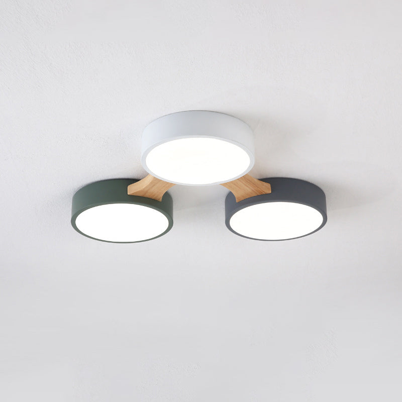 Drum Flush Ceiling Light Minimal Acrylic LED Flush Mount Fixture with Wood Arm 3 Wood Clearhalo 'Ceiling Lights' 'Close To Ceiling Lights' 'Close to ceiling' 'Flush mount' Lighting' 2011106